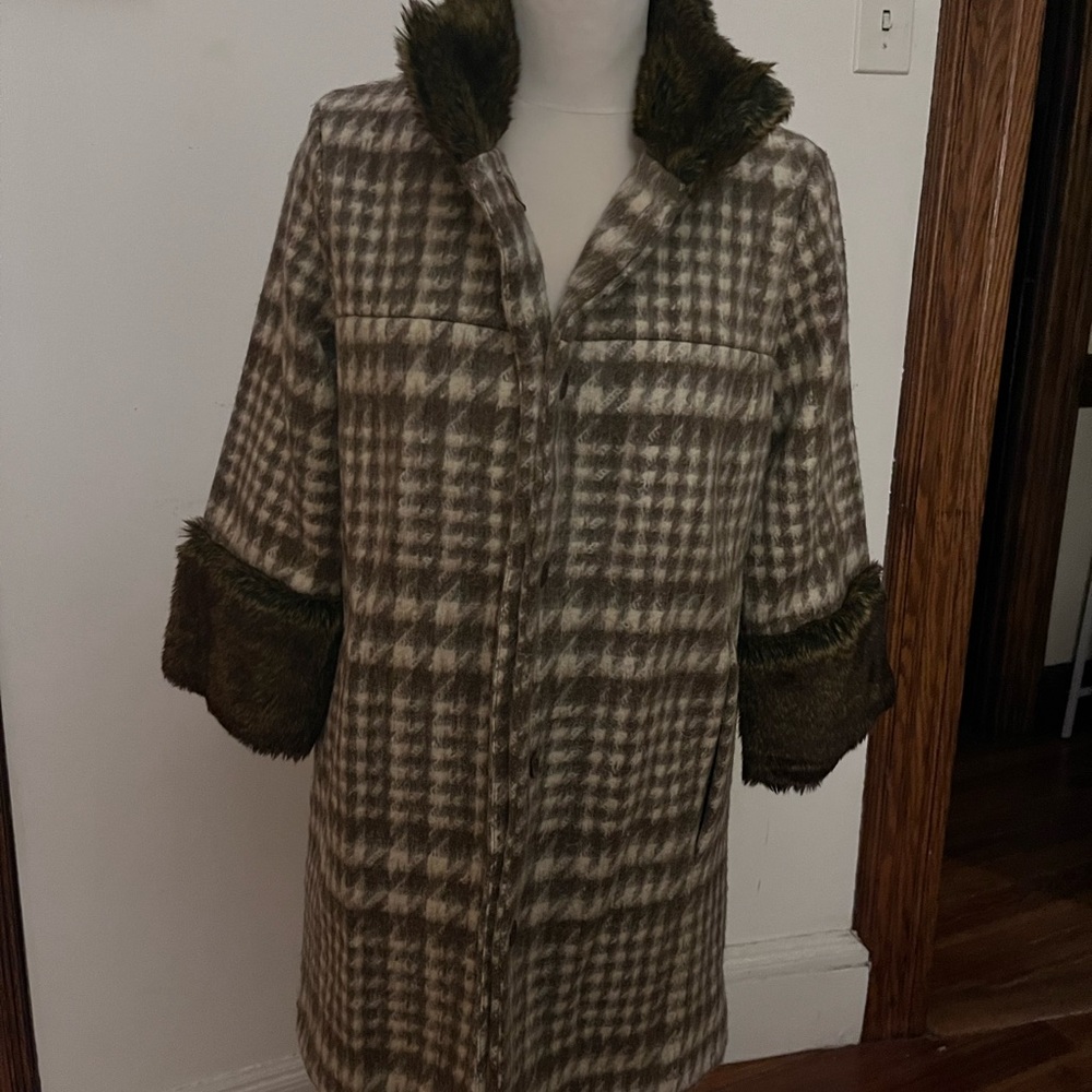Hazel Brown Chevron Wool Coat with Faux Fur Trim
